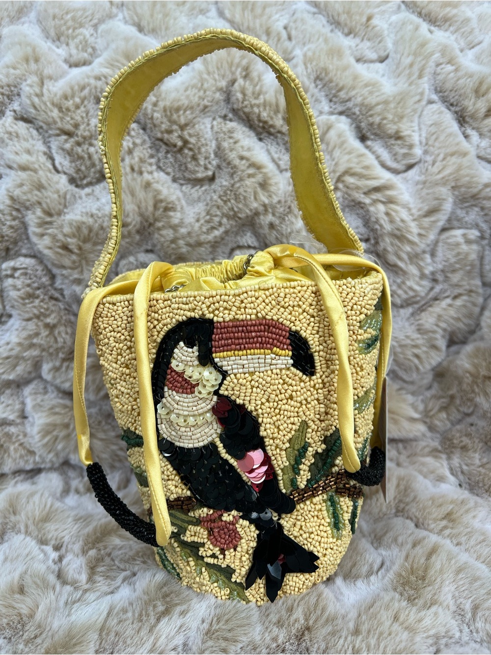NWT Yellow Beaded Toucan Mini Bucket & Crossbody Bag